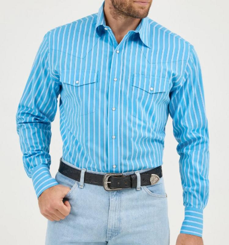 SALE Wrangler® Men's L/S Blue Stripe WR Snap Shirt Product Image