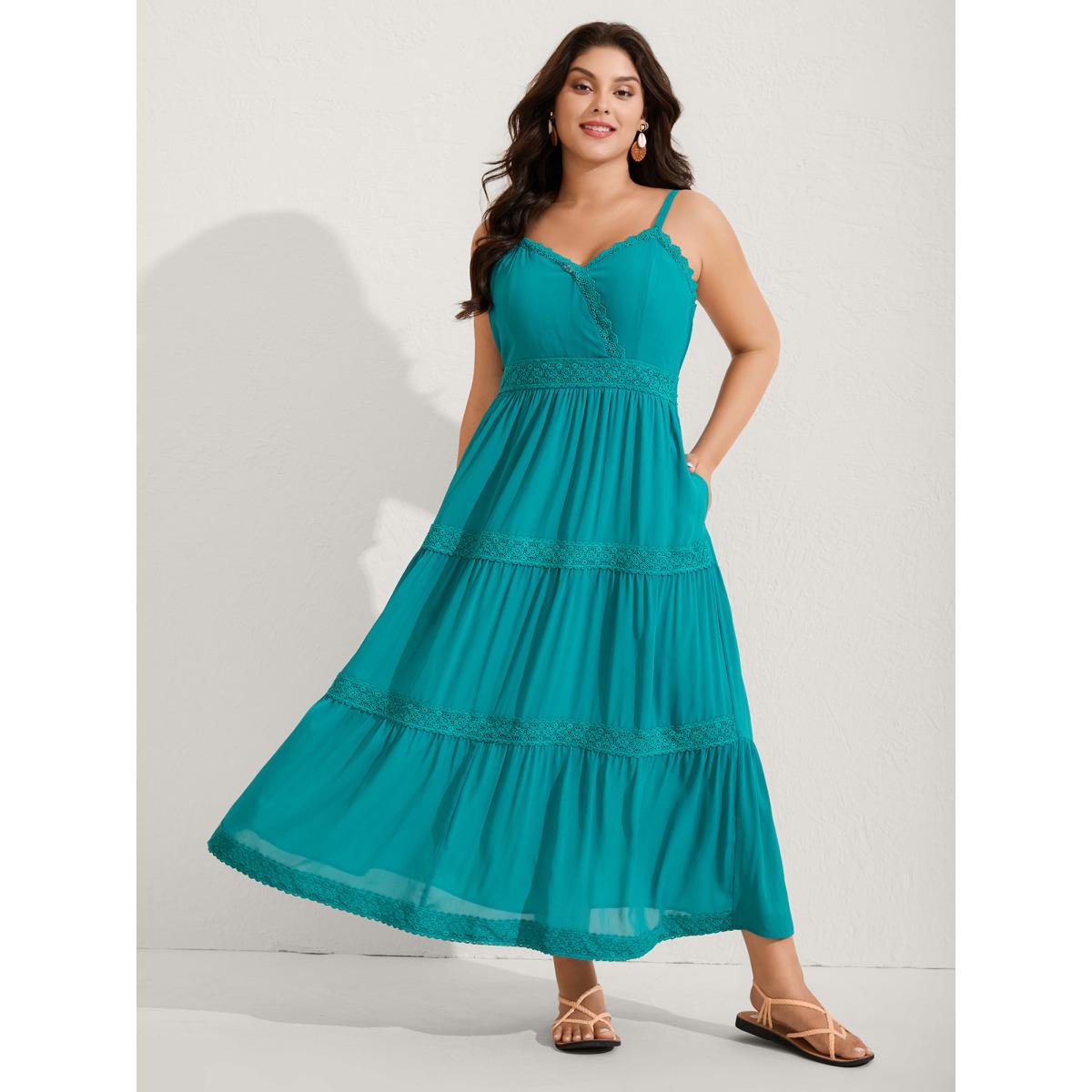 Plus Size Deep V-Neck Lace Tiered Midi Dress Cerulean Women Overlap Collar Sleeveless Curvy BloomChic 14-16/1X Product Image