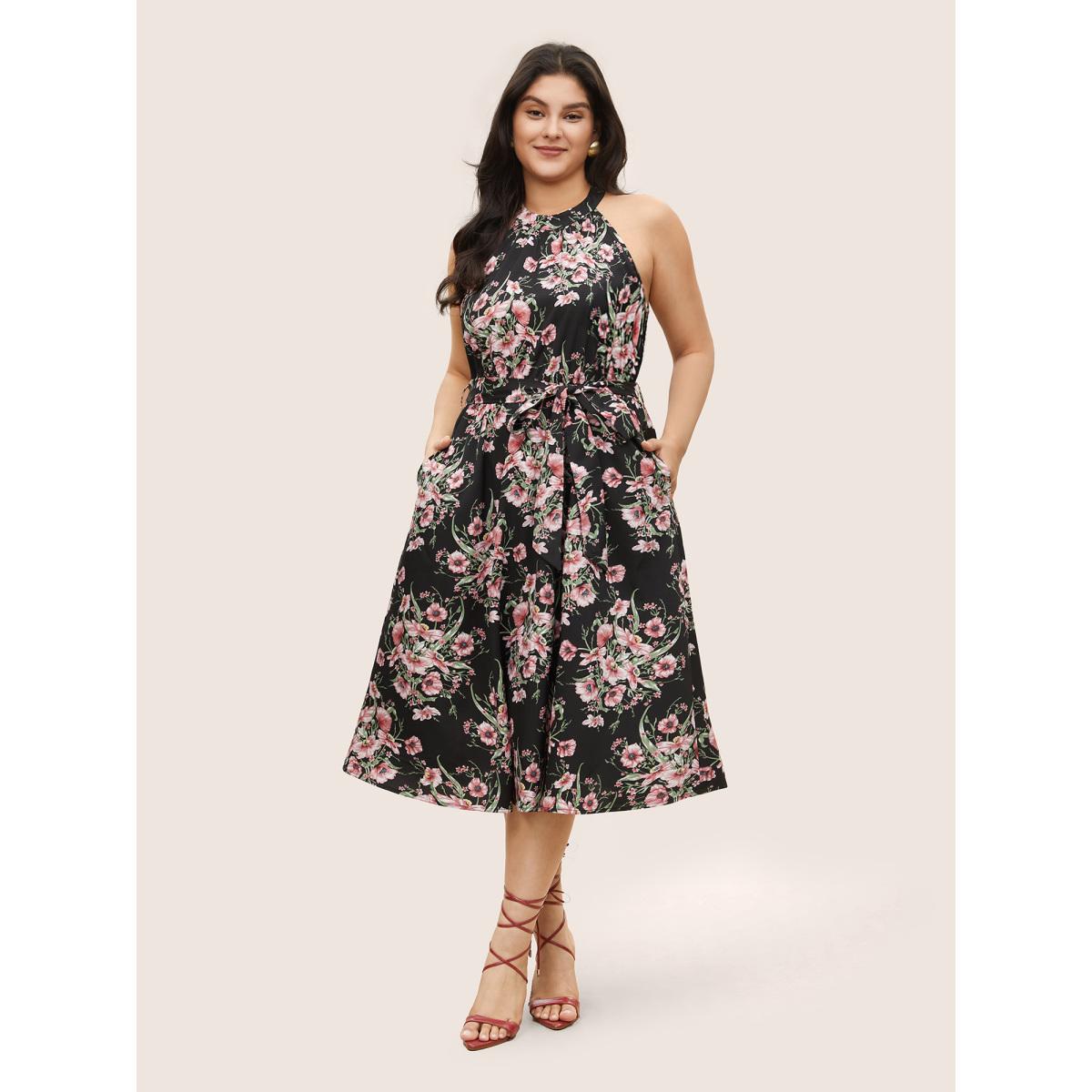 Plus Size Floral Print Halter Elastic Waist Belted Dress Black Women Elegant Non Halter neck Sleeveless Curvy Midi Dress BloomChic 18-20/2X Product Image