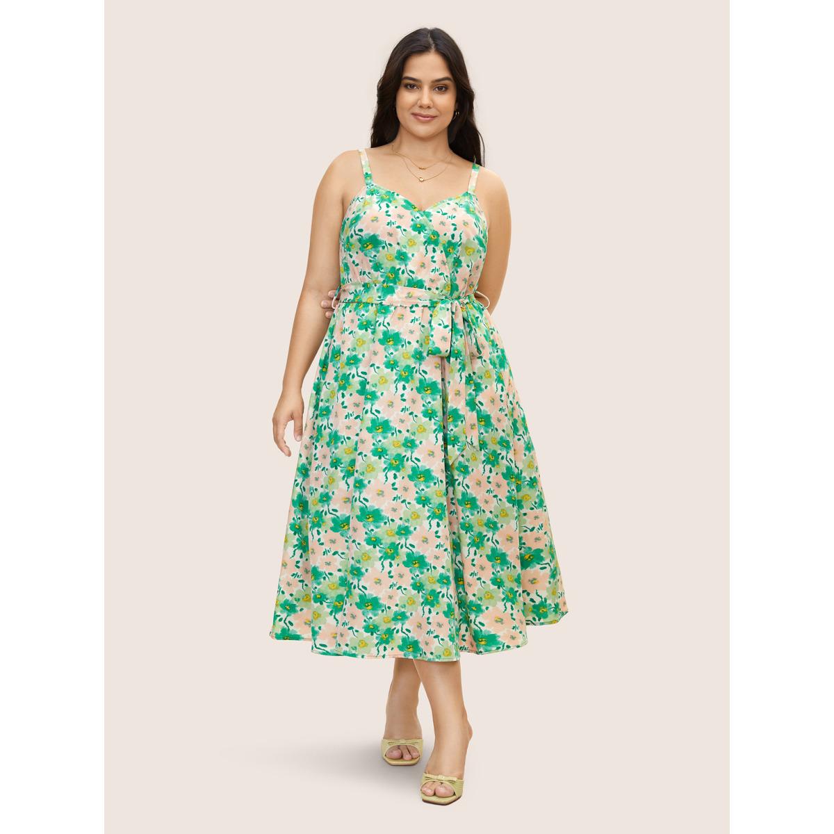 Plus Size Floral Surplice Neck Belted Midi Dress Applegreen Women Elegant Belted Non Sleeveless Curvy BloomChic 22-24/3X Product Image