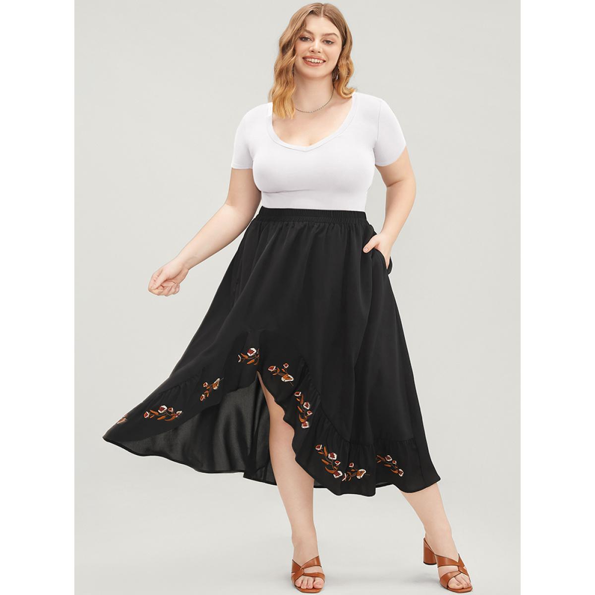 Plus Size Floral Embroidered Pocket Asymmetrical Hem Skirt Women Black Vacation Embroidered Loose No stretch Pocket Dailywear Skirts BloomChic 30/6X Product Image