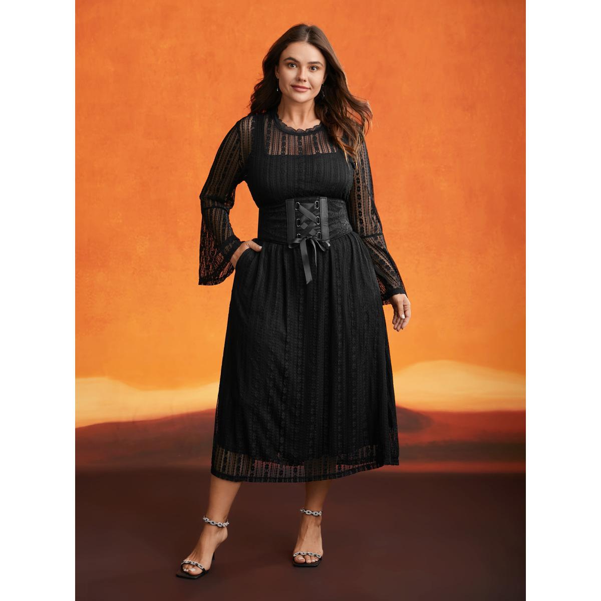 Plus Size Spellbound Halter Neck Sheer Midi Dress Black Women Cocktail Woven ribbon&lace trim Party Curvy Bloomchic 26/4X Product Image