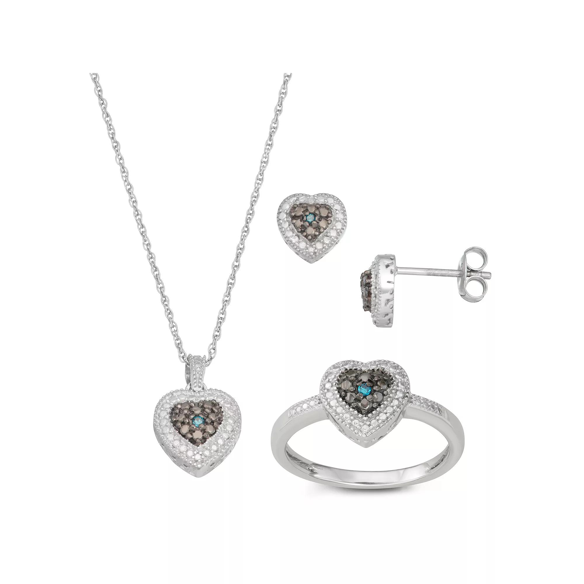 Jewelexcess Sterling Silver Blue Diamond Accent Heart 3-Piece Jewelry Set, Women's, Size: 6 Product Image
