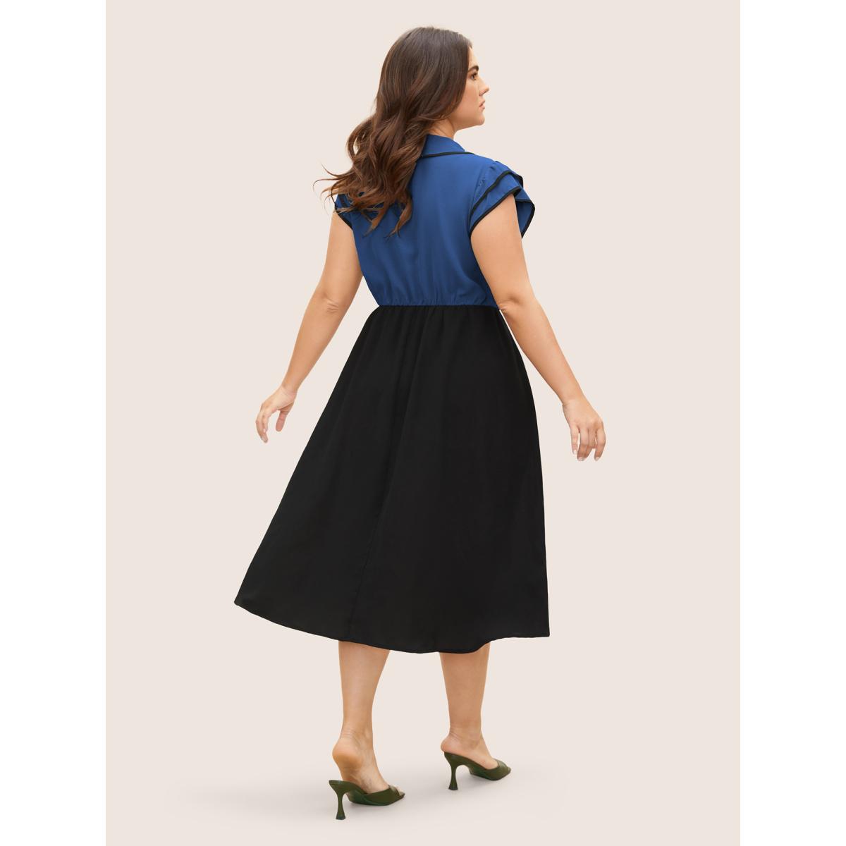 Plus Size Two-colored Knot Tie Midi Dress Mediumblue Women Elegant Tie knot V-neck Cap Sleeve Curvy BloomChic 12/L Product Image