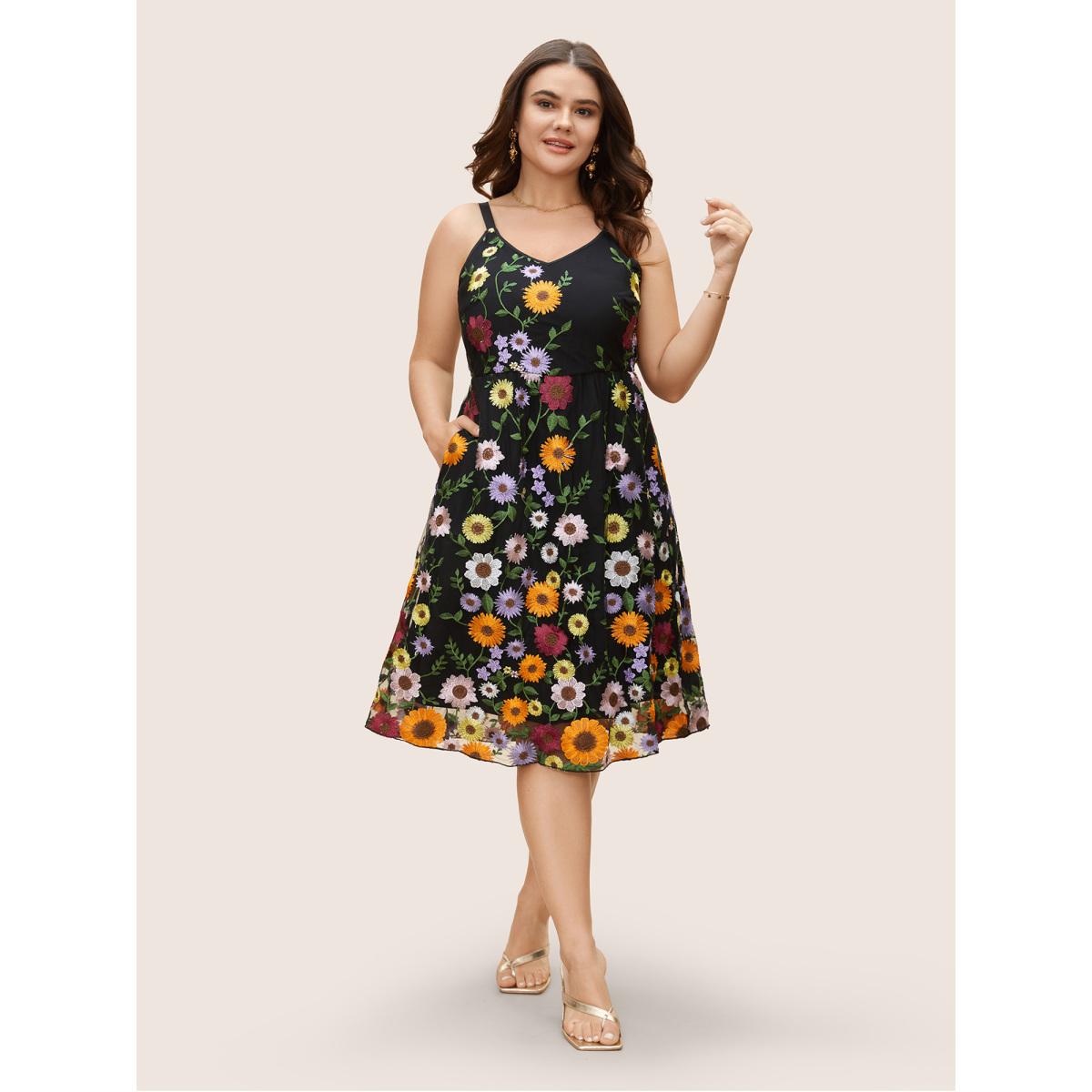 Plus Size V Neck Floral Embroidered Mesh Cami Dress Black Women Formal Embroidered V-neck Sleeveless Curvy BloomChic 28/5X Product Image