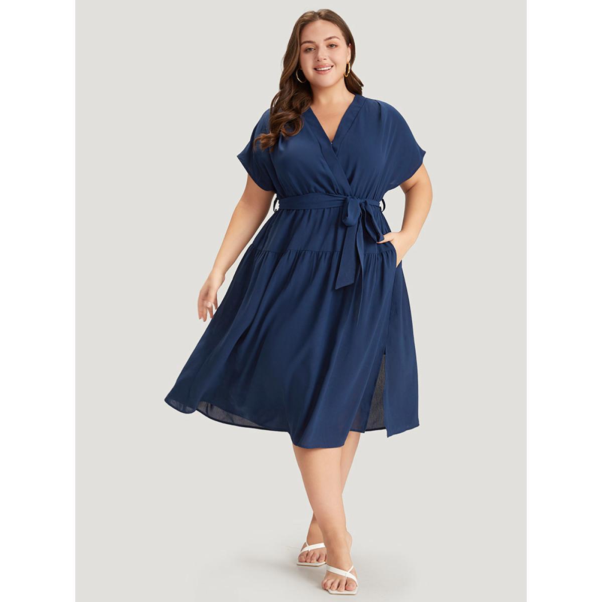 Plus Size Plain Wrap Belted Ruffles Split Hem Dress DarkBlue Women Elegant V-neck Short sleeve Curvy Midi Dress BloomChic 14-16/1X Product Image