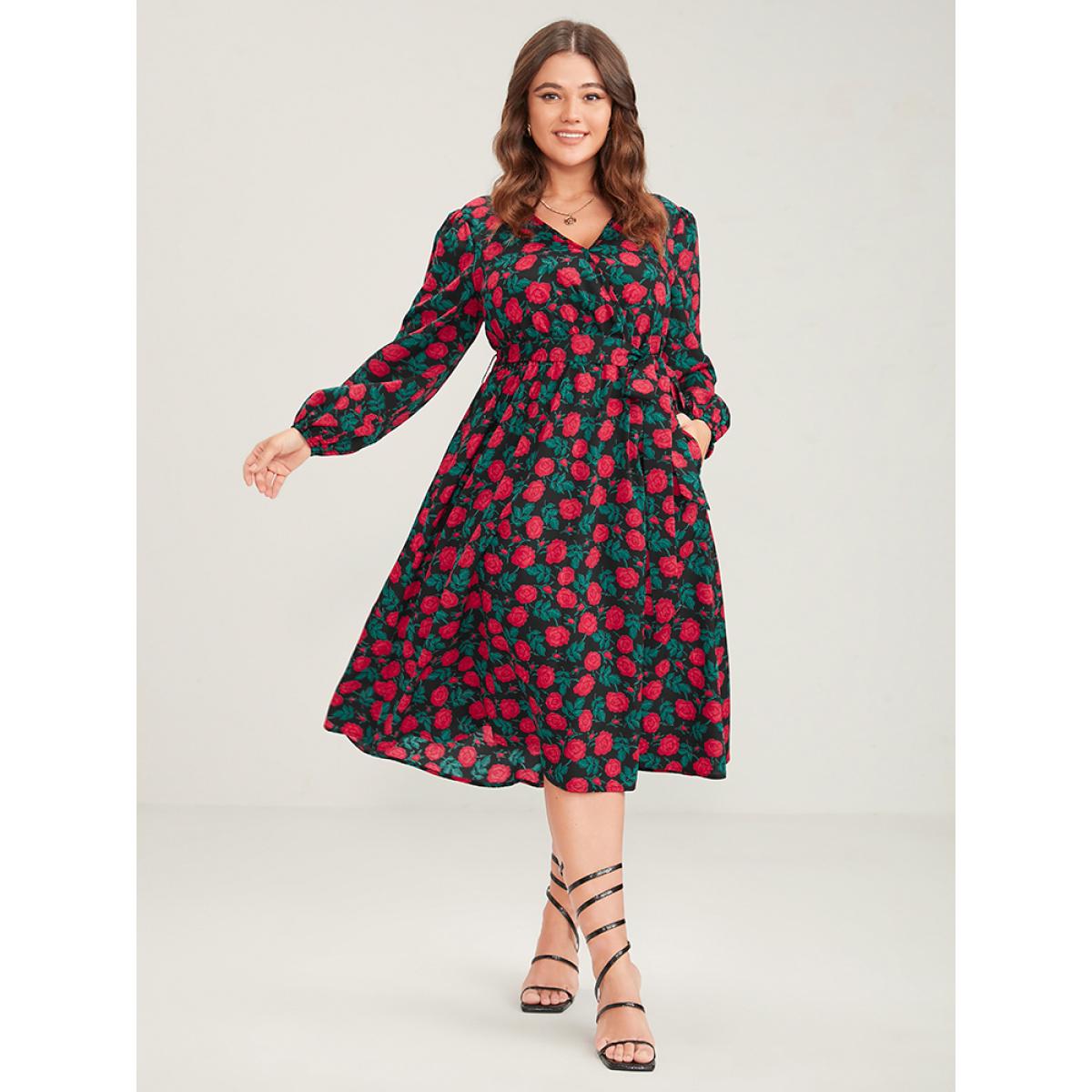 Plus Size Floral Printed Wrap Pocket Lantern Sleeve Belted Dress Black Women Elegant Printed V-neck Long Sleeve Curvy Midi Dress BloomChic 18-20/2X Product Image