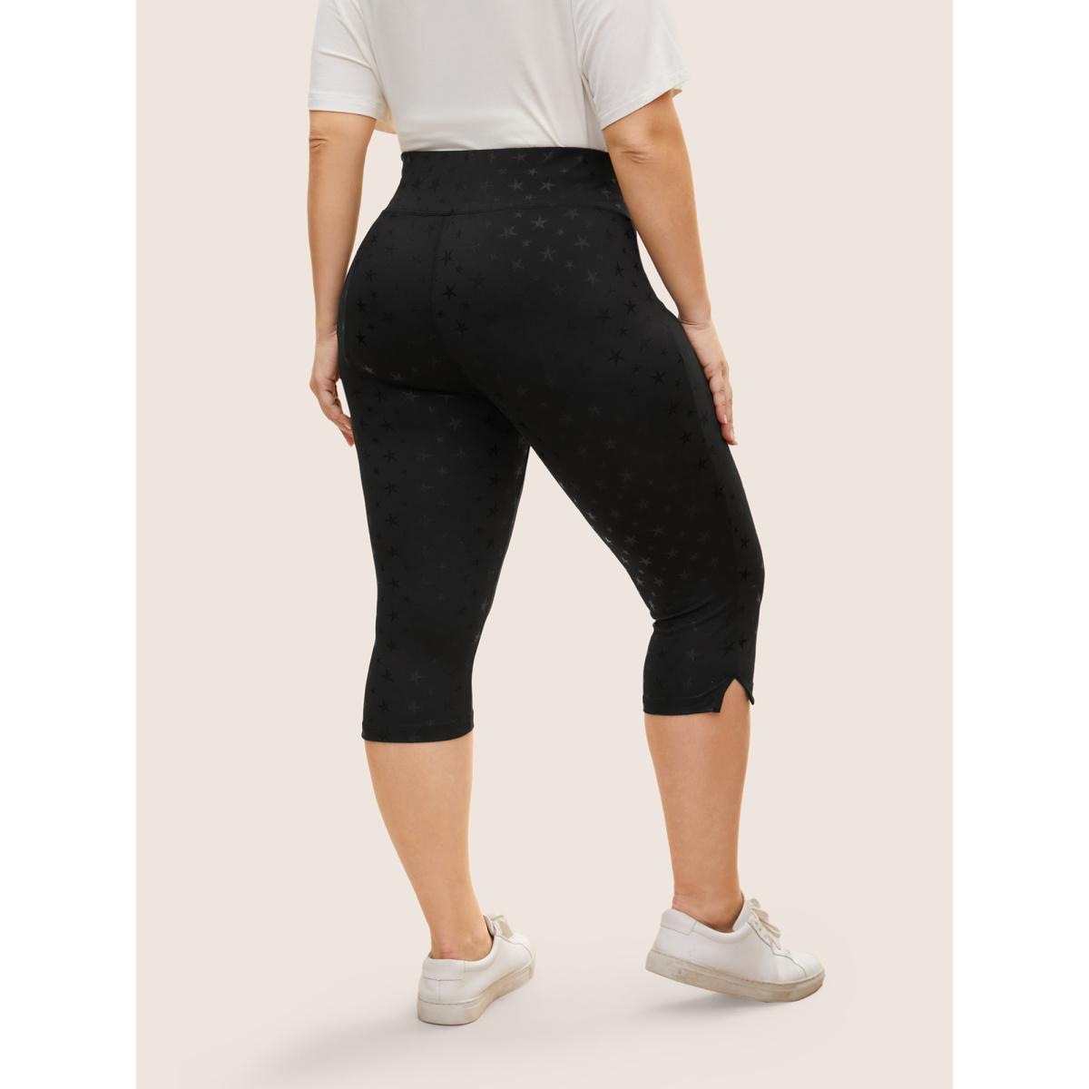 Plus Size Star Glitter High Stretch Split Hem Leggings Women Black Casual High stretch Skinny Mid Rise Everyday Leggings BloomChic 22-24/3X Product Image