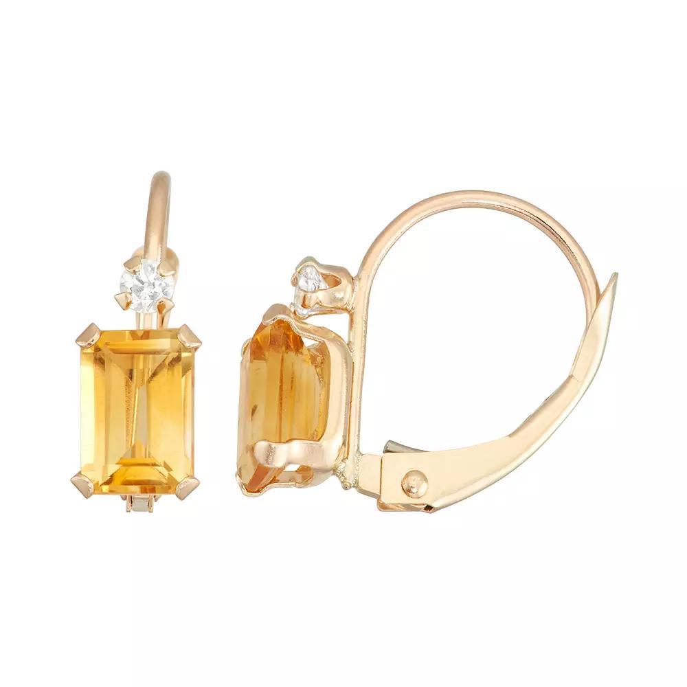 Designs by Gioelli 10k Gold Emerald-Cut Citrine & White Zircon Leverback Earrings, Women's, Yellow Product Image