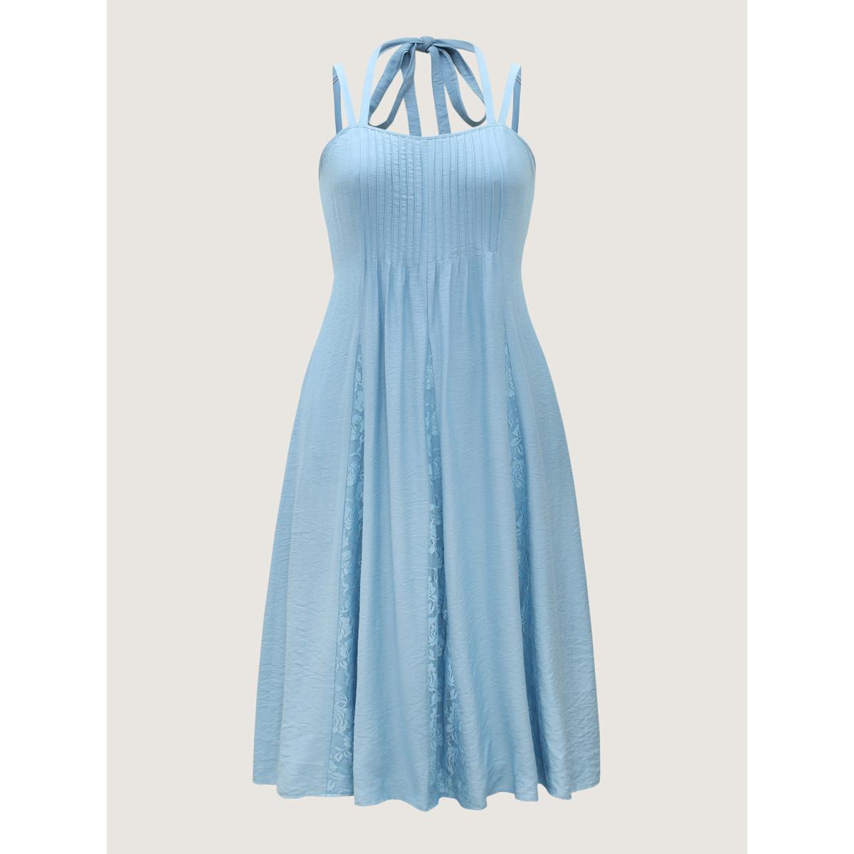 Plus Size Lace Spliced Pleated Solid Midi Dress LightBlue Women Square Neck Sleeveless Curvy BloomChic 22-24/3X Product Image