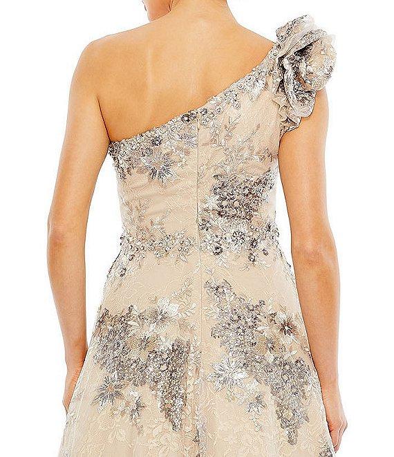 Mac Duggal Floral Embellished One Shoulder Neck Ruffle Beaded A-Line Gown Product Image