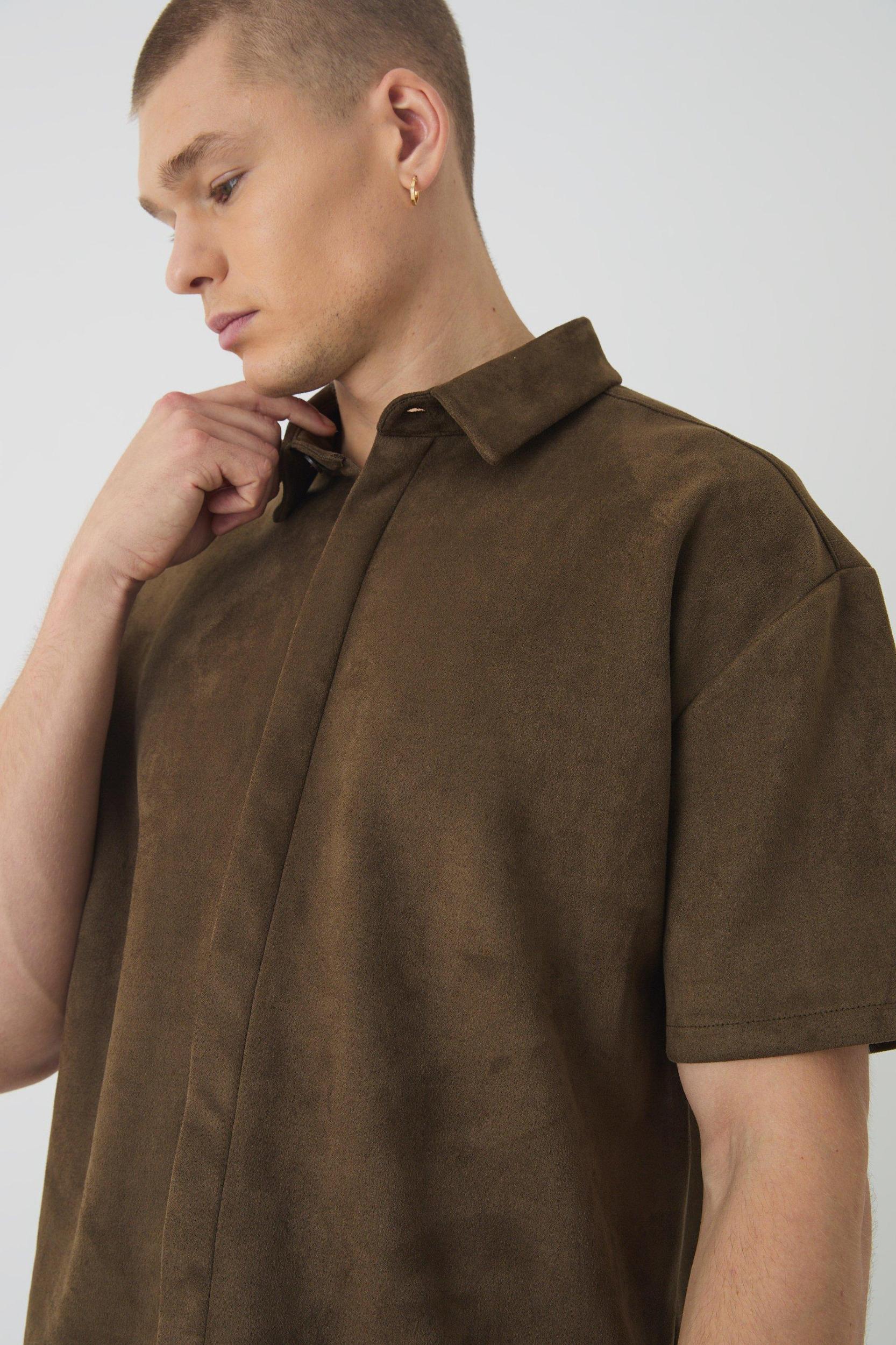 Oversized Faux Suede Collared Shirt | boohooMAN USA Product Image