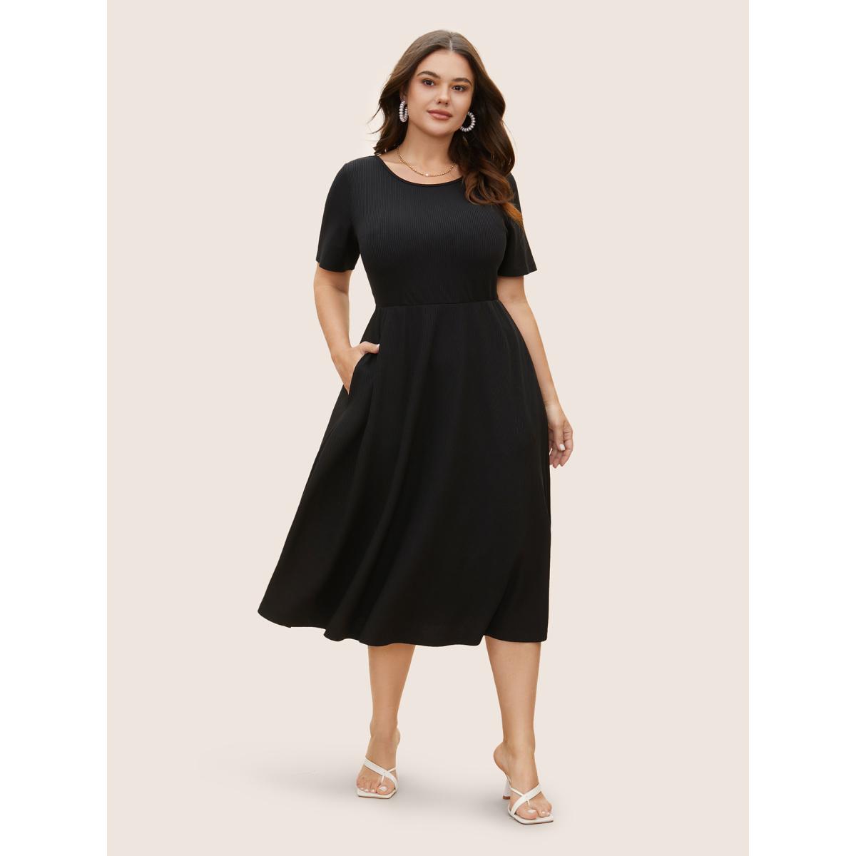Plus Size Round Neck Contrast Back Bowknot Midi Dress Black Women Elegant Tie knot Round Neck Short sleeve Curvy BloomChic 14-16/1X Product Image
