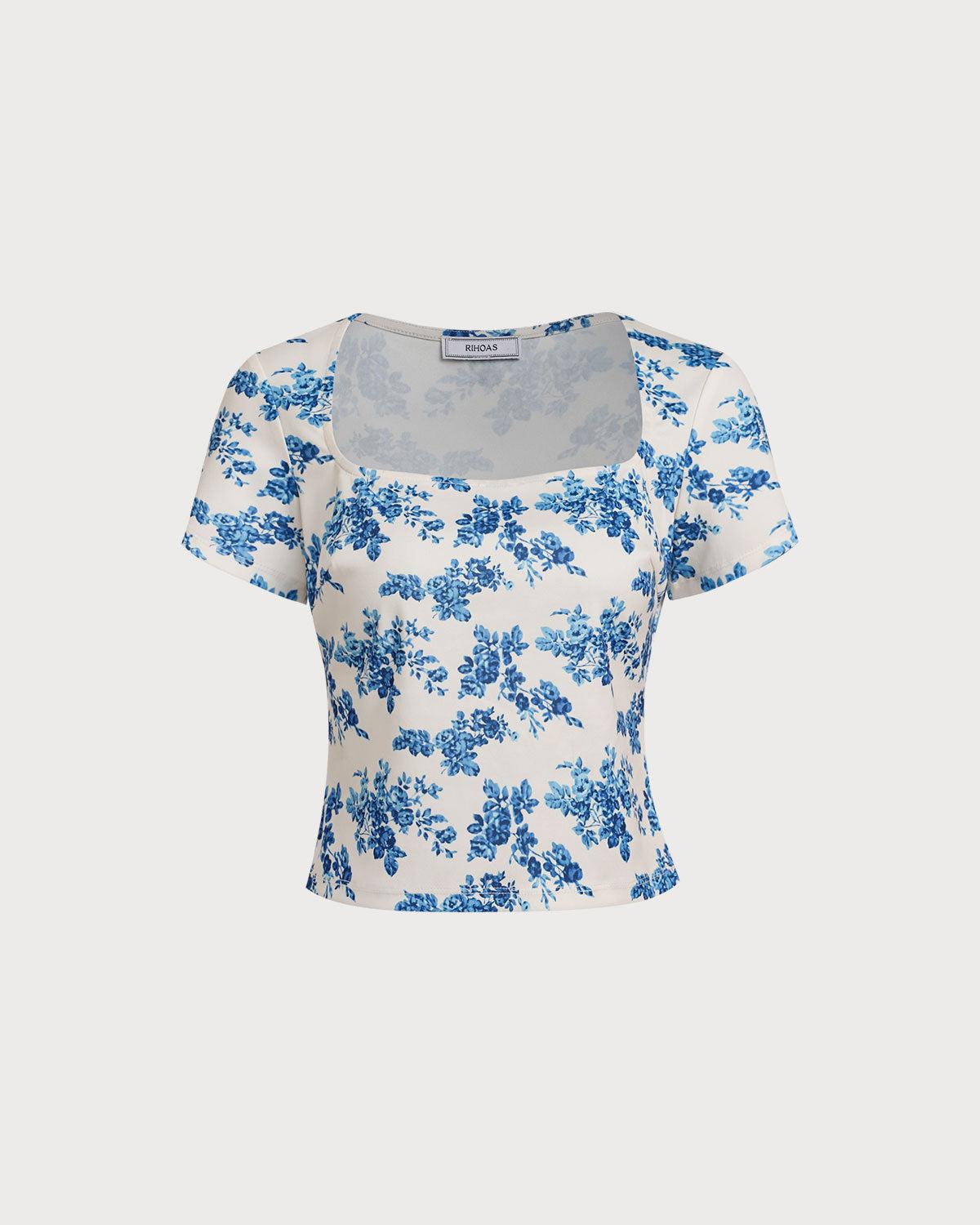 Blue Floral Short Sleeve T-Shirt Product Image
