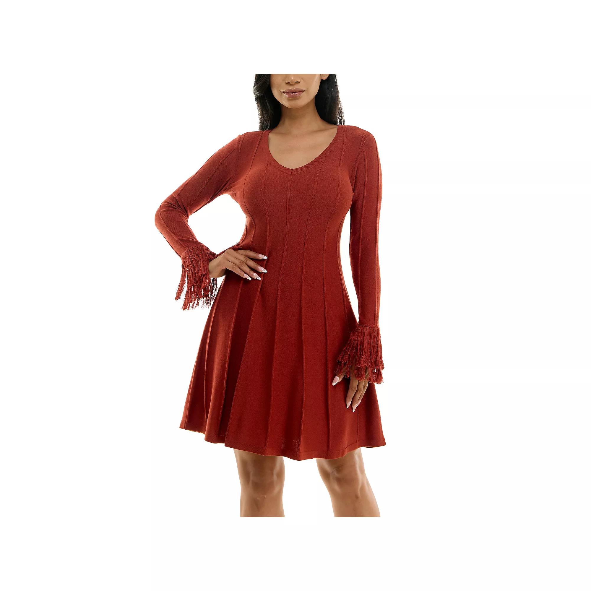 Women's Nina Leonard A-Line Fringe Sweater Dress,  Product Image