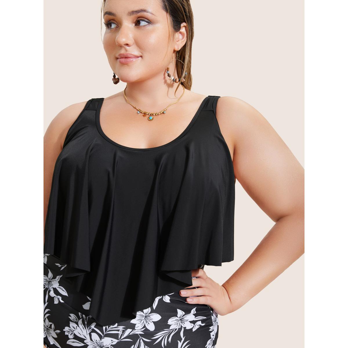 Plus Size Floral Patchwork Tiered Ruffles One Piece Swimsuit Women's Swimwear Black Beach Gathered Curve Bathing Suits High stretch One Pieces BloomChic 12/L Product Image