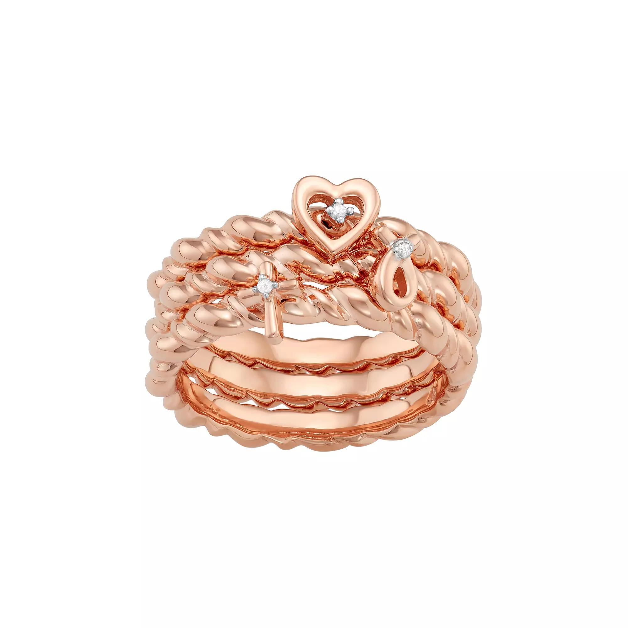 Jewelexcess Sterling Silver Diamond Accent Heart, Cross & Ribbon Stack Ring Set, Women's, Size: 6, Rose Gold Tone Product Image