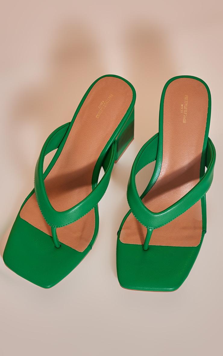 Green Wide Fit Pu Thong Square Toe Block Heeled Mules Product Image