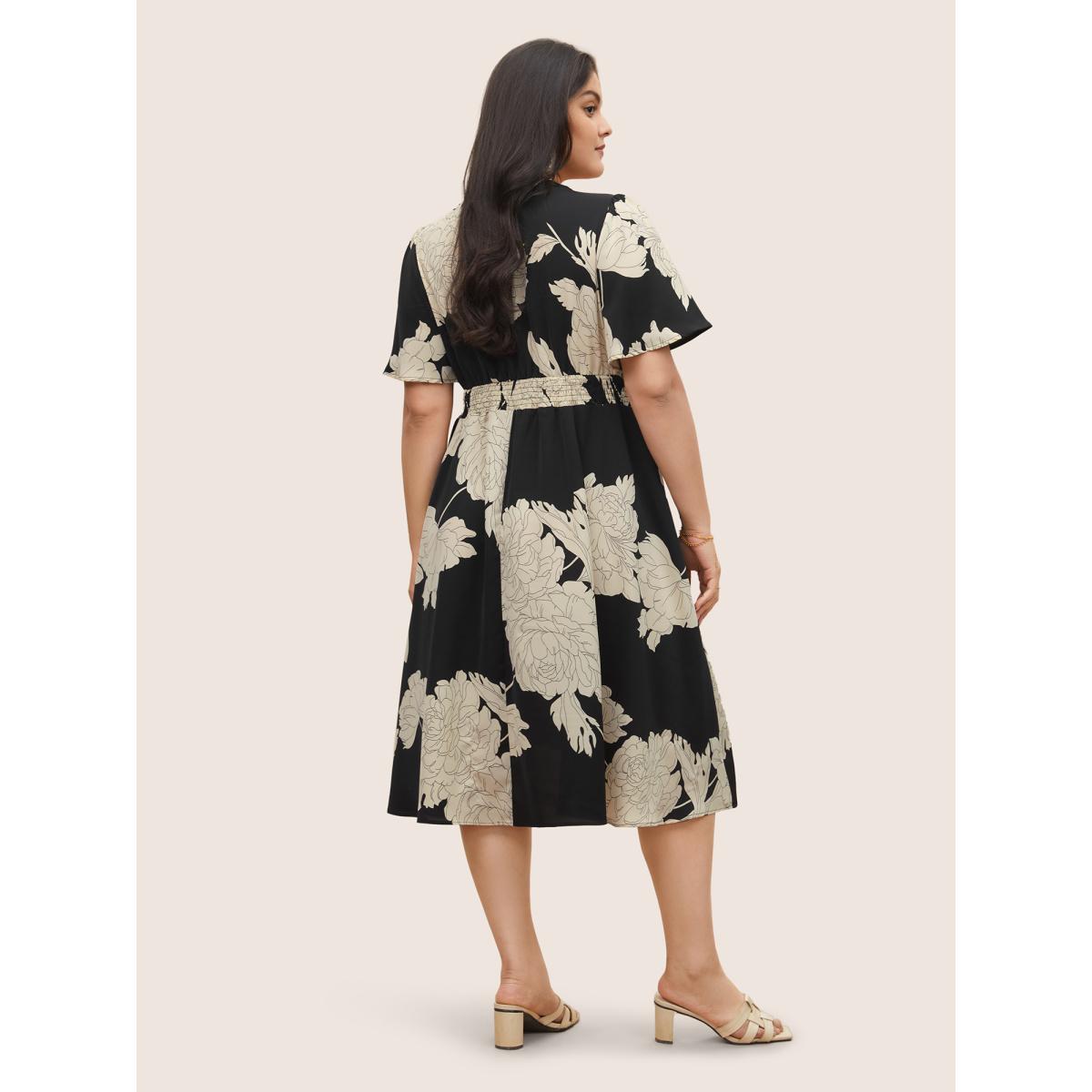 Plus Size Floral Print Notched Belted Flutter Sleeve Dress Black Women Elegant Non Notched collar Short sleeve Curvy Midi Dress BloomChic 14-16/1X Product Image