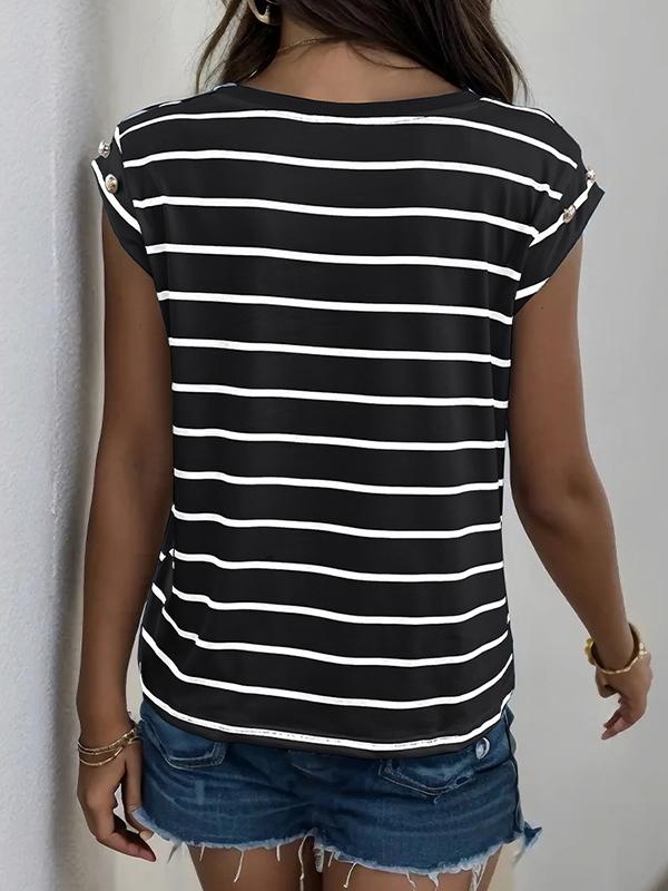 Loose Short Sleeves Split-Joint Striped Round-Neck T-Shirts Product Image
