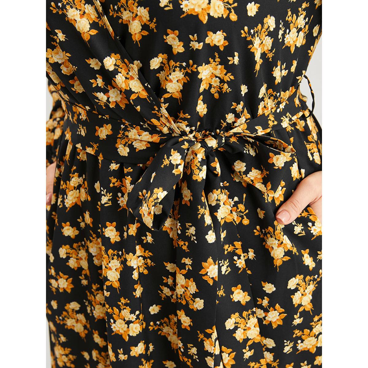 Plus Size Floral Printed Pocket Lantern Sleeve Belted Wrap Midi Dress Black Women Elegant V-neck Long Sleeve Curvy Midi Dress BloomChic 30/6X Product Image