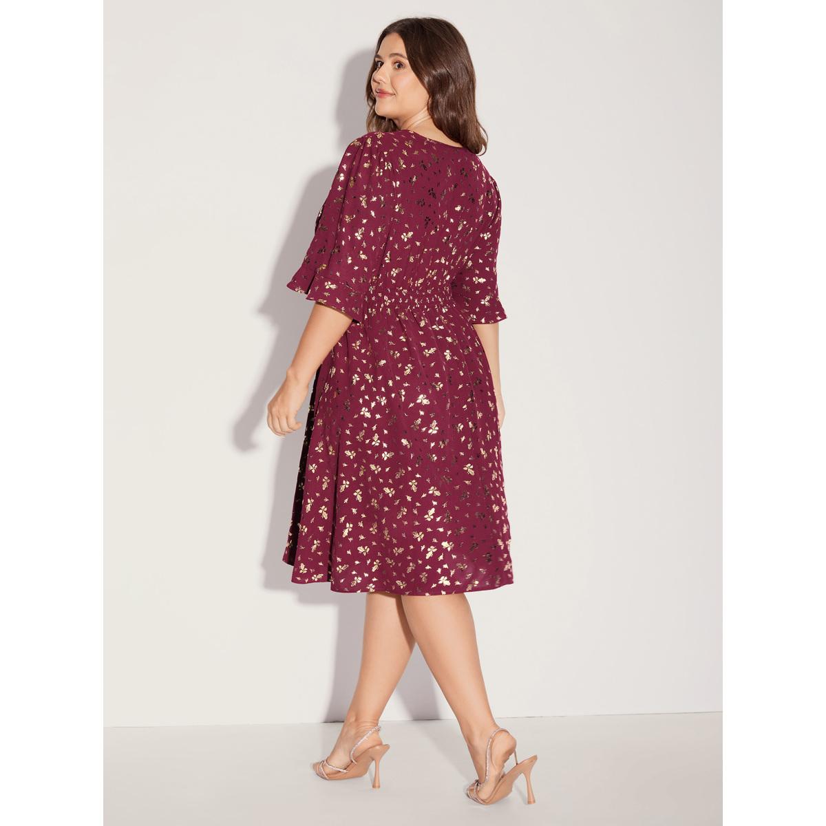 Plus Size Gold-Foil Shimmery Shirred-Waist Midi Dress Scarlet Women Overlapping Overlap Collar Half Sleeve Curvy BloomChic 28/5X Product Image