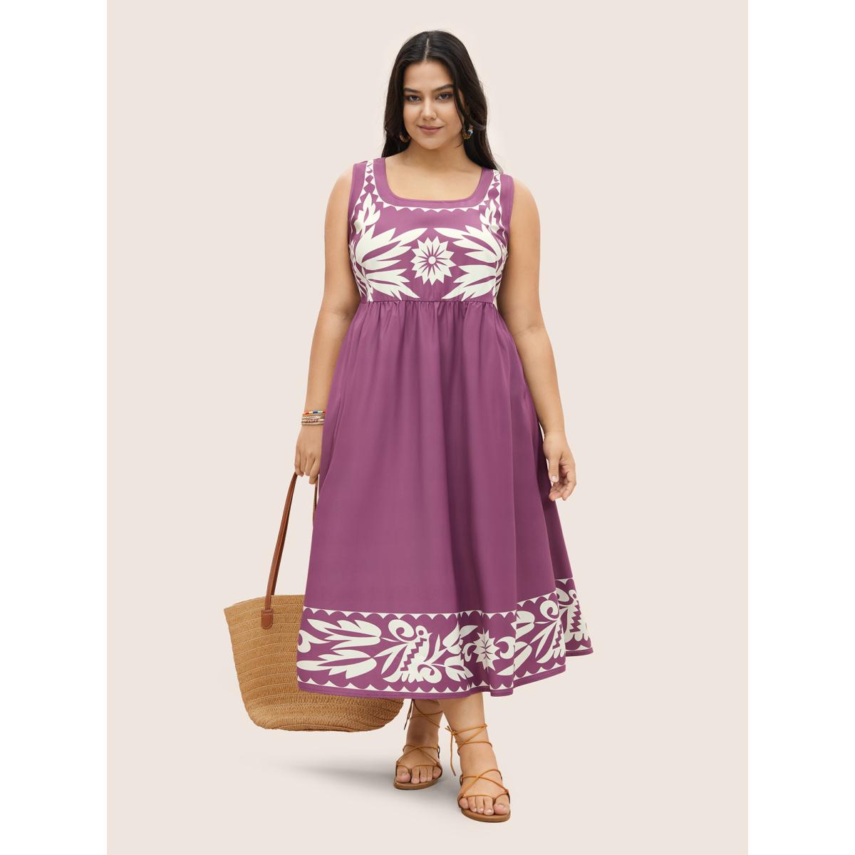 Plus Size Boho Print Square Neck Elastic Waist Tank Dress Purple Women Resort Gathered Round Neck Sleeveless Curvy Midi Dress BloomChic 12/L Product Image