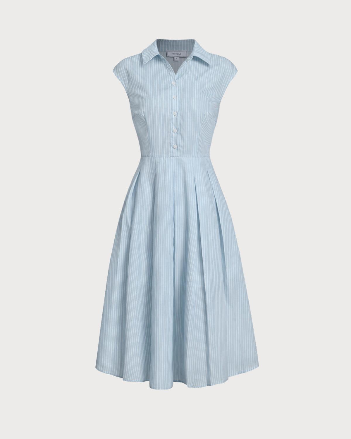 Blue Striped Cap Sleeve Midi Dress Product Image