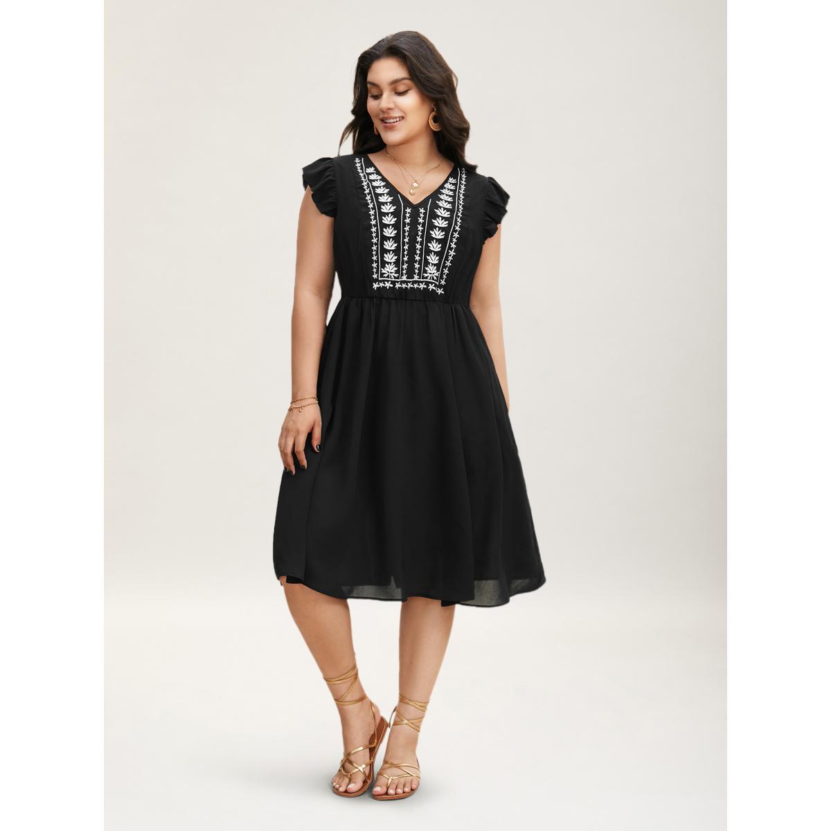 Plus Size Floral Embroidered V Neck Ruffle Cap Sleeve Dress Black Women Boho Embroidered V-neck Cap Sleeve Curvy BloomChic 14-16/1X Product Image