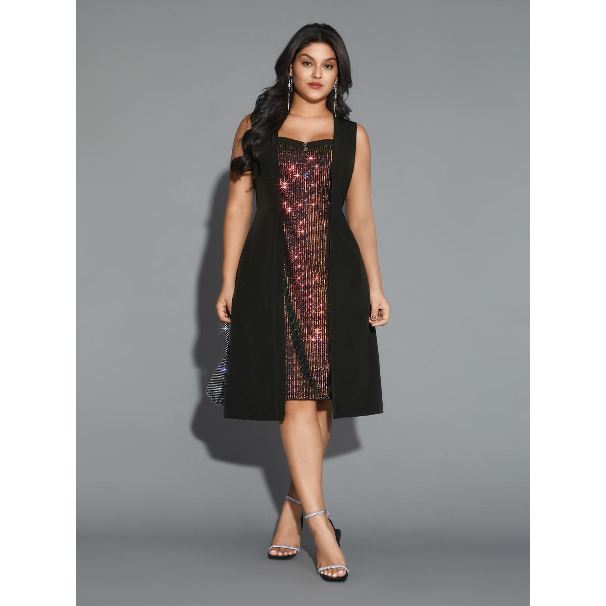 Plus Size Vest-Style Sequin Patchwork Elastic Waist Dress Black Women Cocktail Texture Party Curvy Bloomchic 28/5X Product Image