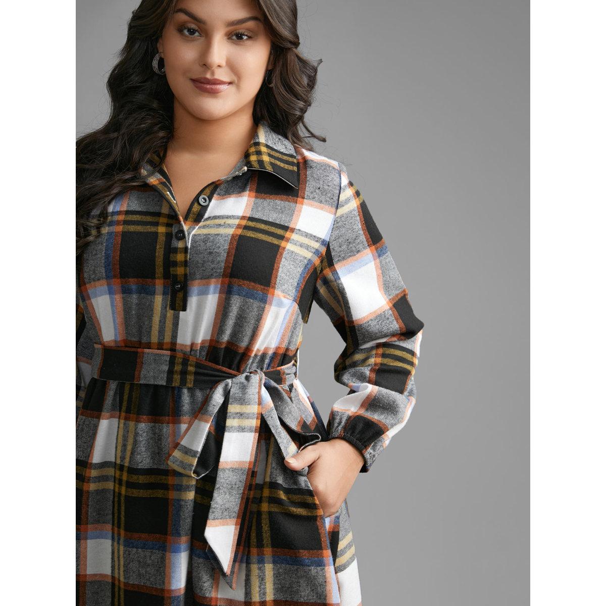 Plus Size Plaid Button Up Belted Knit Dress Multicolor Women At the Office Belted Knit Dresses Bloomchic 18-20/2X Product Image