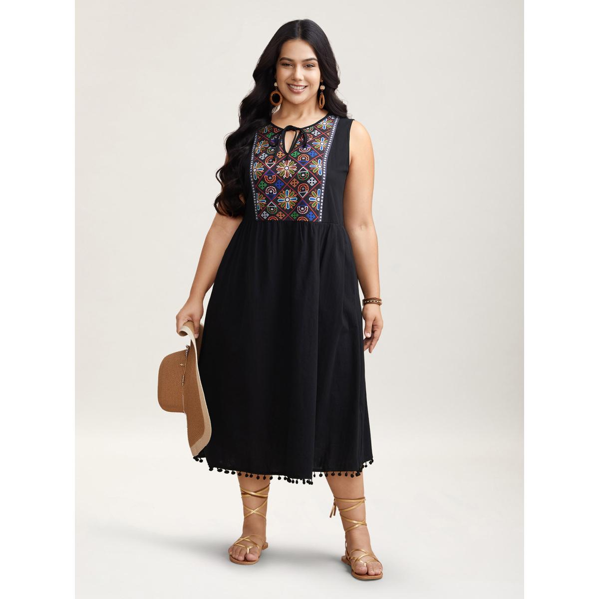 Plus Size Cotton Boho Pattern Neck Tassels Midi Dress Black Women Resort Tie knot Round Neck Sleeveless Curvy BloomChic 14-16/1X Product Image