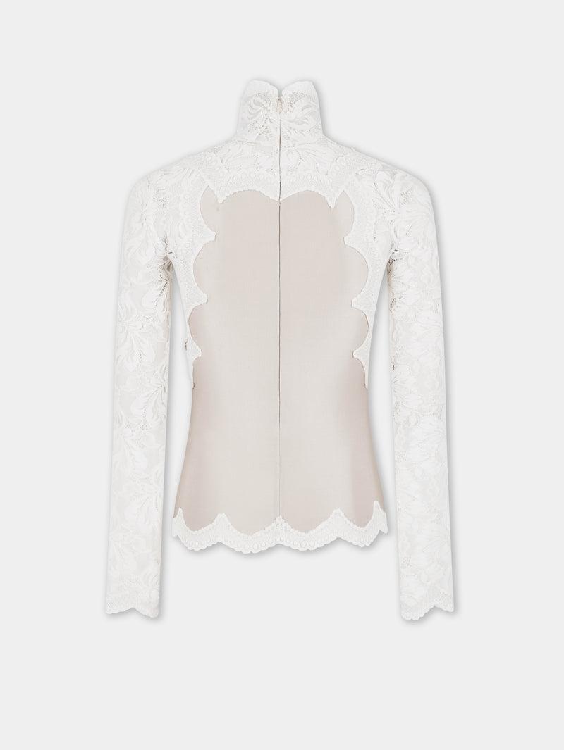 IVORY LONG SLEEVE TOP IN LACE AND JERSEY Product Image