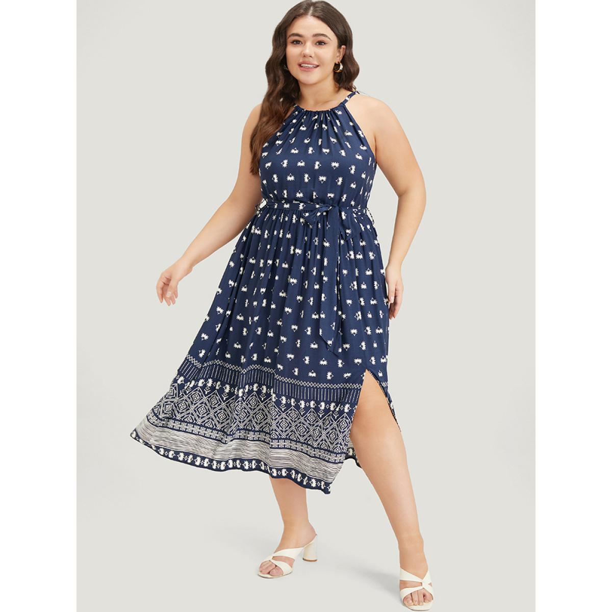 Plus Size Boho Print Knot Halter Pocket Belted Split Dress Indigo Women Vacation Gathered Halter neck Sleeveless Curvy Midi Dress BloomChic 28/5X Product Image