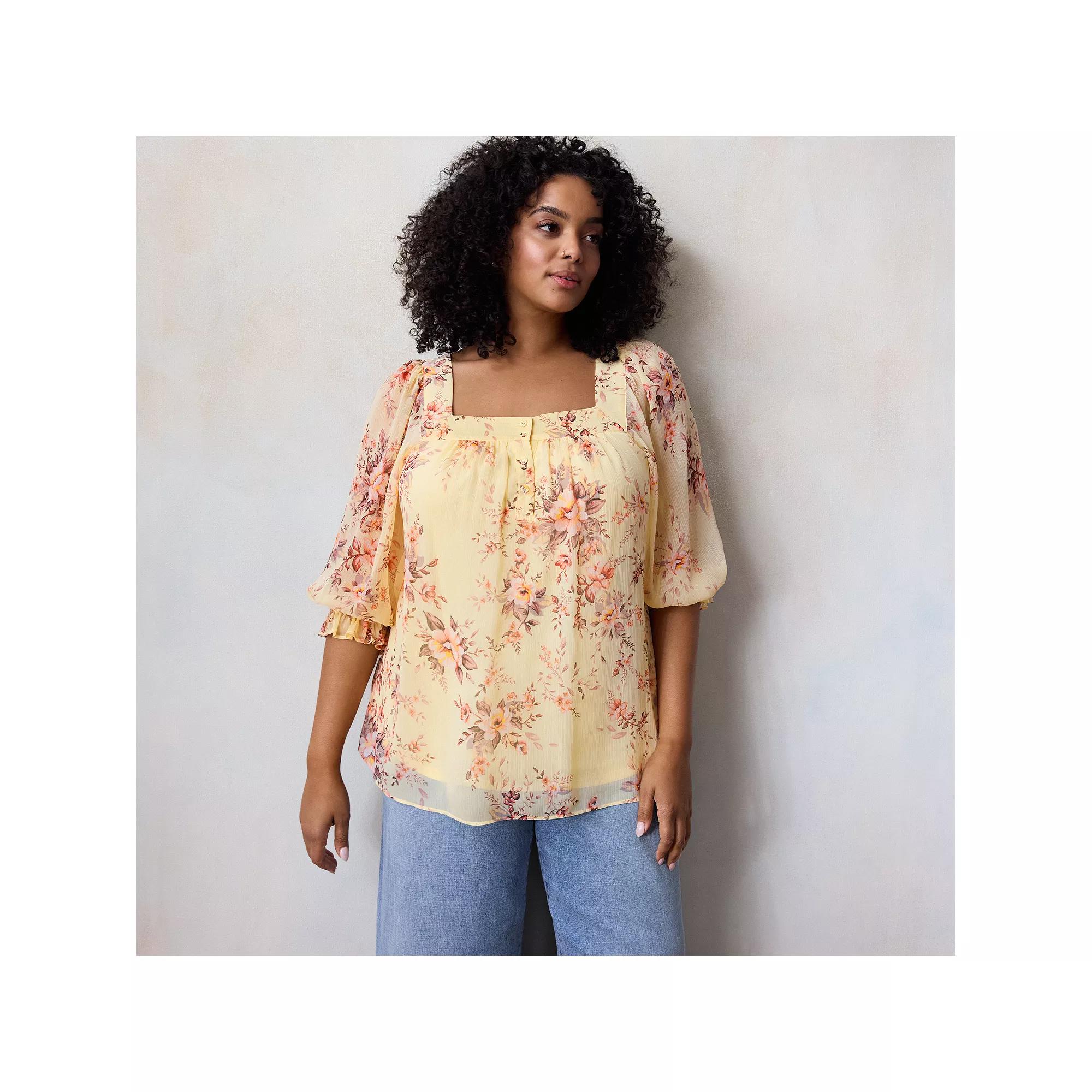 Plus Size LC Lauren Conrad Henley Square Neck Peasant Top, Women's, Size: 1XL, Warm Genevieve Garden Product Image