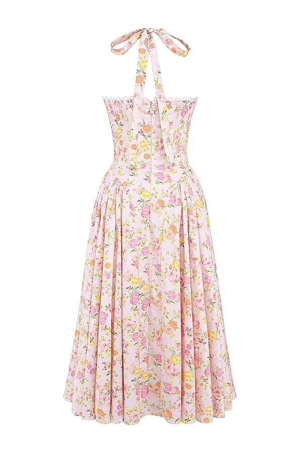 Adabella  pink meadow print cotton halter midi sundress Product Image