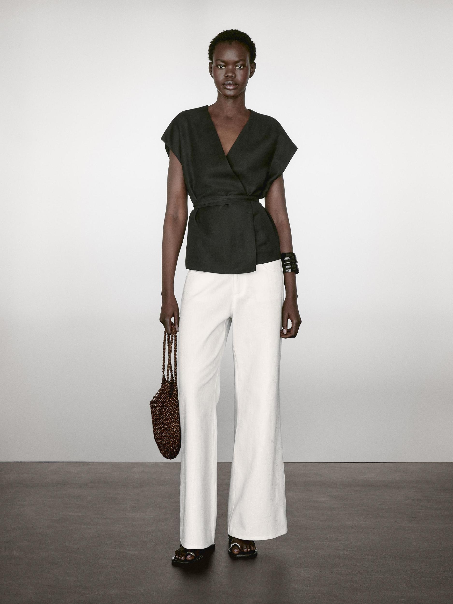 Linen blend crossover kimono with tie detail Product Image