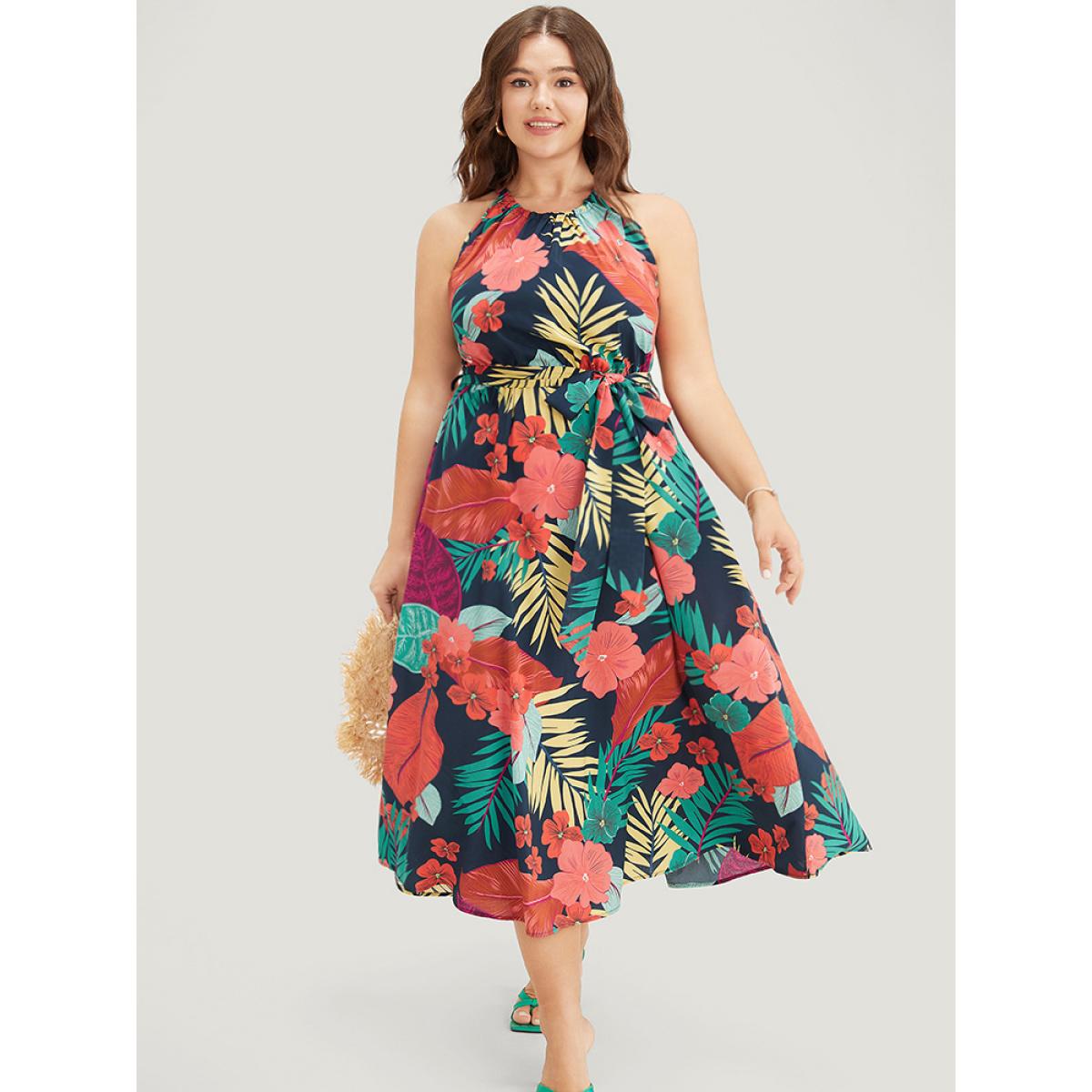 Plus Size Tropical Print Ruffle Hem Pocket Belt Knotted Halter Dress DarkBlue Women Vacation Cross straps Halter neck Sleeveless Curvy Midi Dress BloomChic 18-20/2X Product Image
