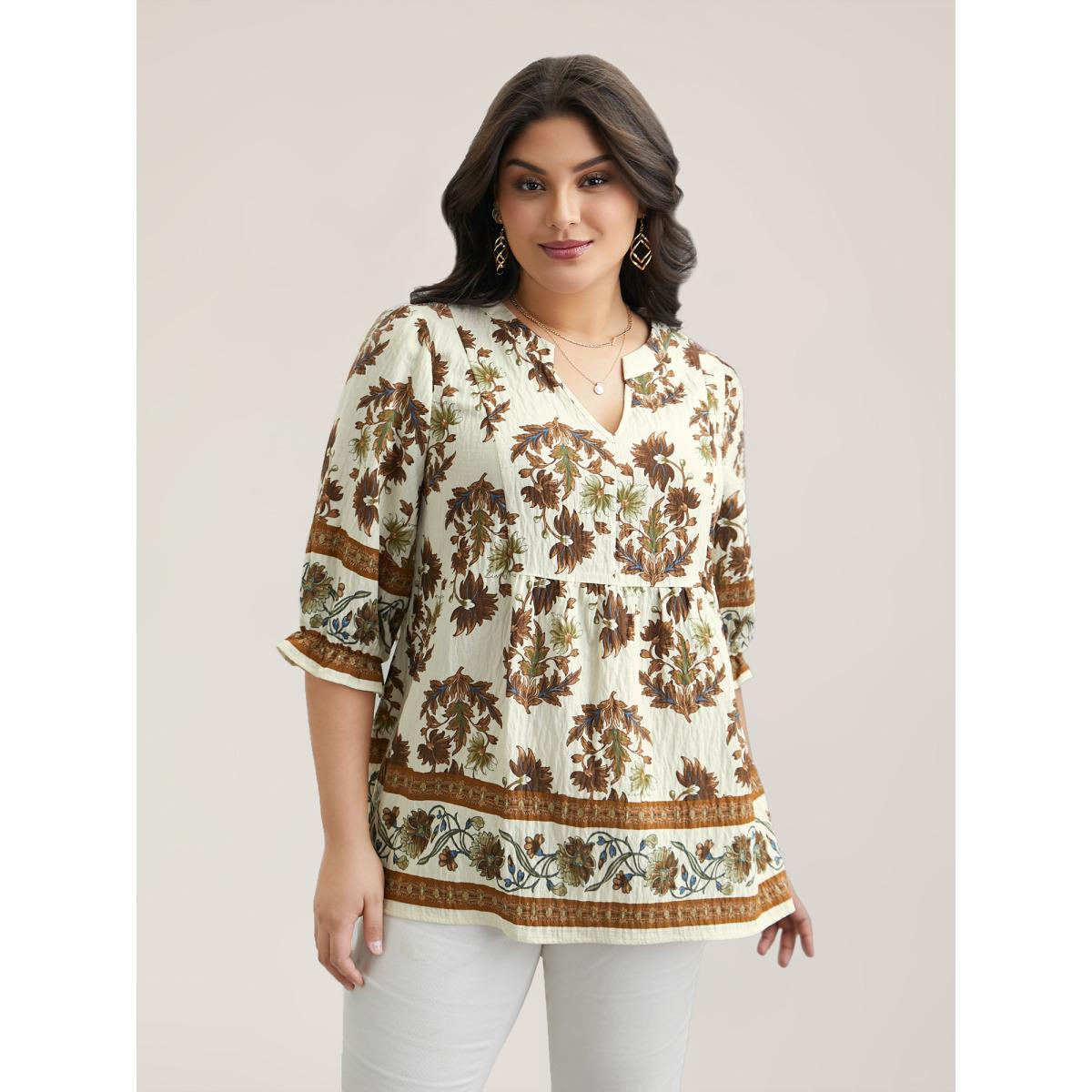 Plus Size Ivory Floral Print Notched Collar Shirt Women Elegant Elbow-length sleeve Notched collar Everyday Blouses BloomChic 12/L Product Image