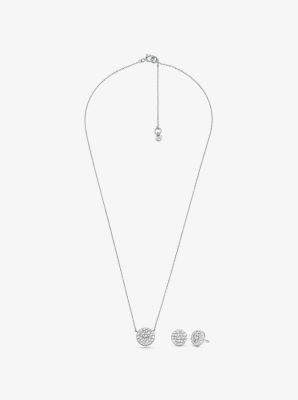 14K -Plated Sterling Silver Pavé Logo Disc Earrings and Necklace Set Product Image