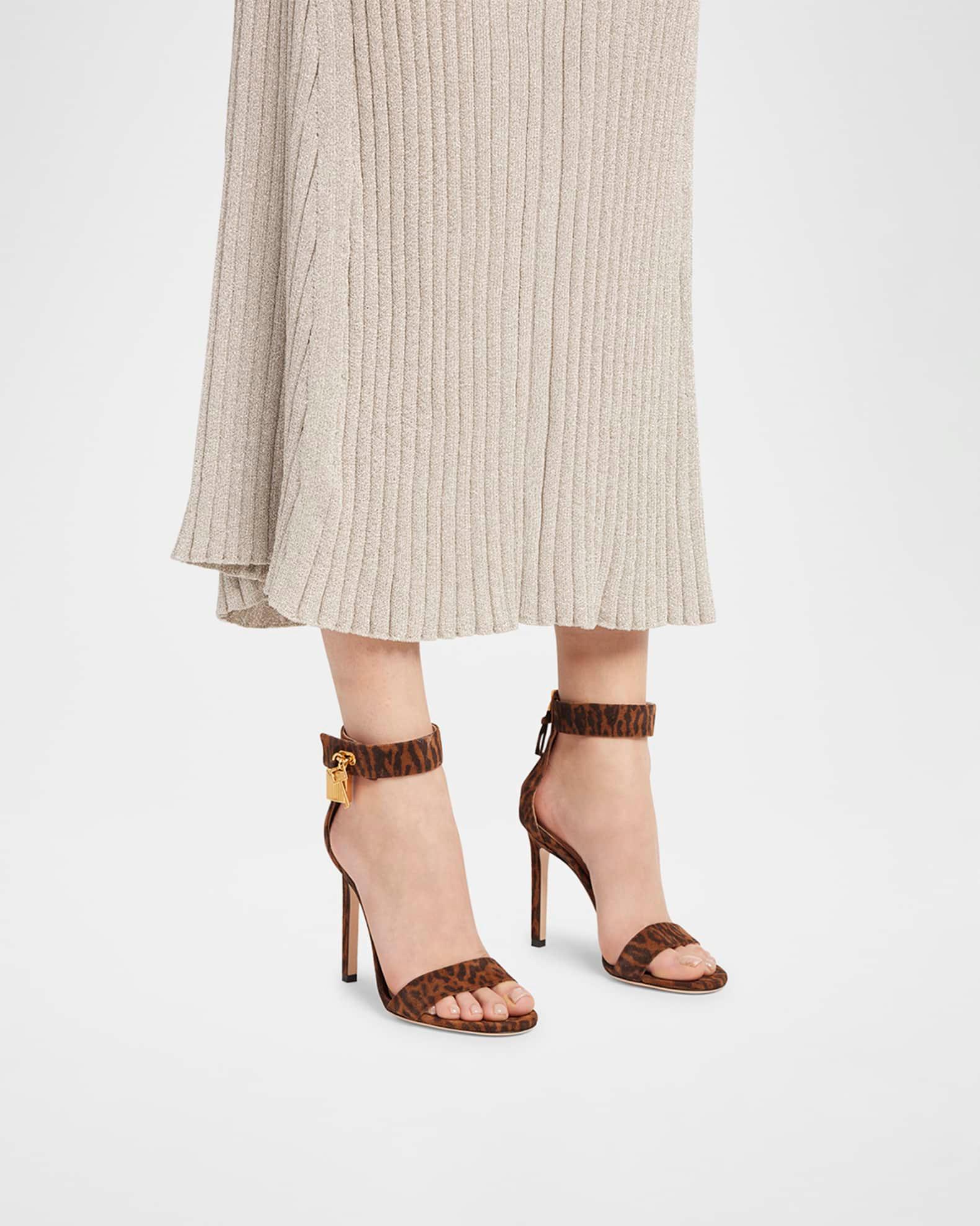 Leopard Suede Stiletto Sandals with Padlock Product Image