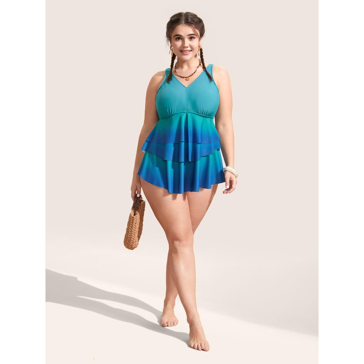 Plus Size V Neck Ombre Tiered Ruffles Swim Top Women's Swimwear Teal Beach Contrast High stretch Bodycon V-neck Curve Swim Tops BloomChic 30/6X Product Image