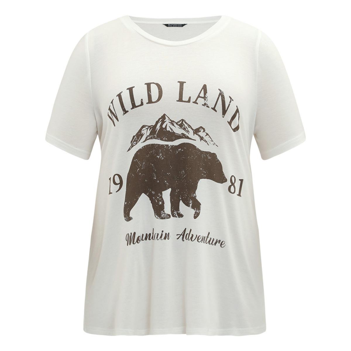Plus Size Letter & Bear Round Neck Sleeve T-shirt White Women Casual Printed Animal Dailywear T-shirts BloomChic 28/5X Product Image