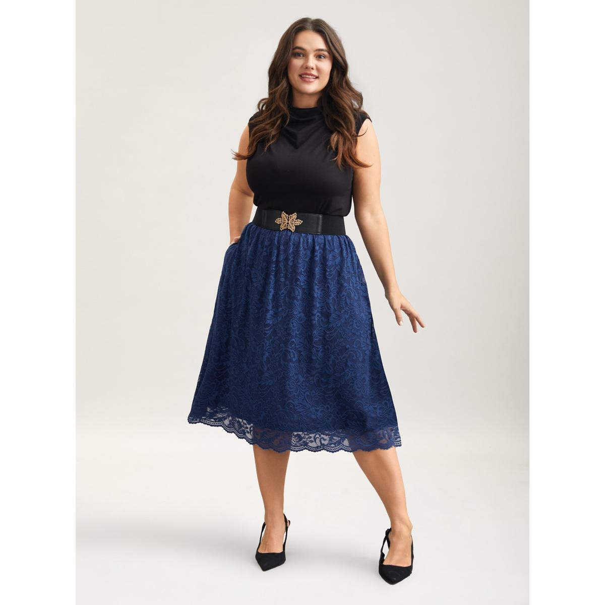 Plus Size Stretchy-Waist Pleated Lace Midi Skirt Women Indigo Elegant Tiered Low stretch Side seam pocket Everyday Skirts BloomChic 30/6X Product Image