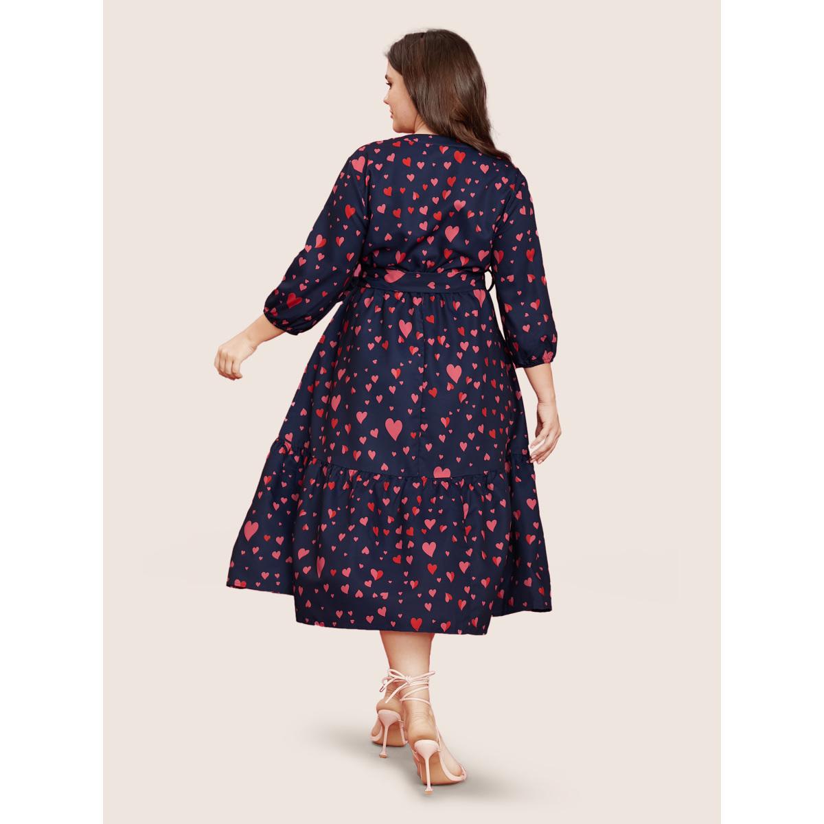 Plus Size Heart Print V Neck Pocket Belted Lantern Sleeve Ruffles Dress Navy Women Elegant Non V-neck Elbow-length sleeve Curvy Midi Dress BloomChic 10/M Product Image