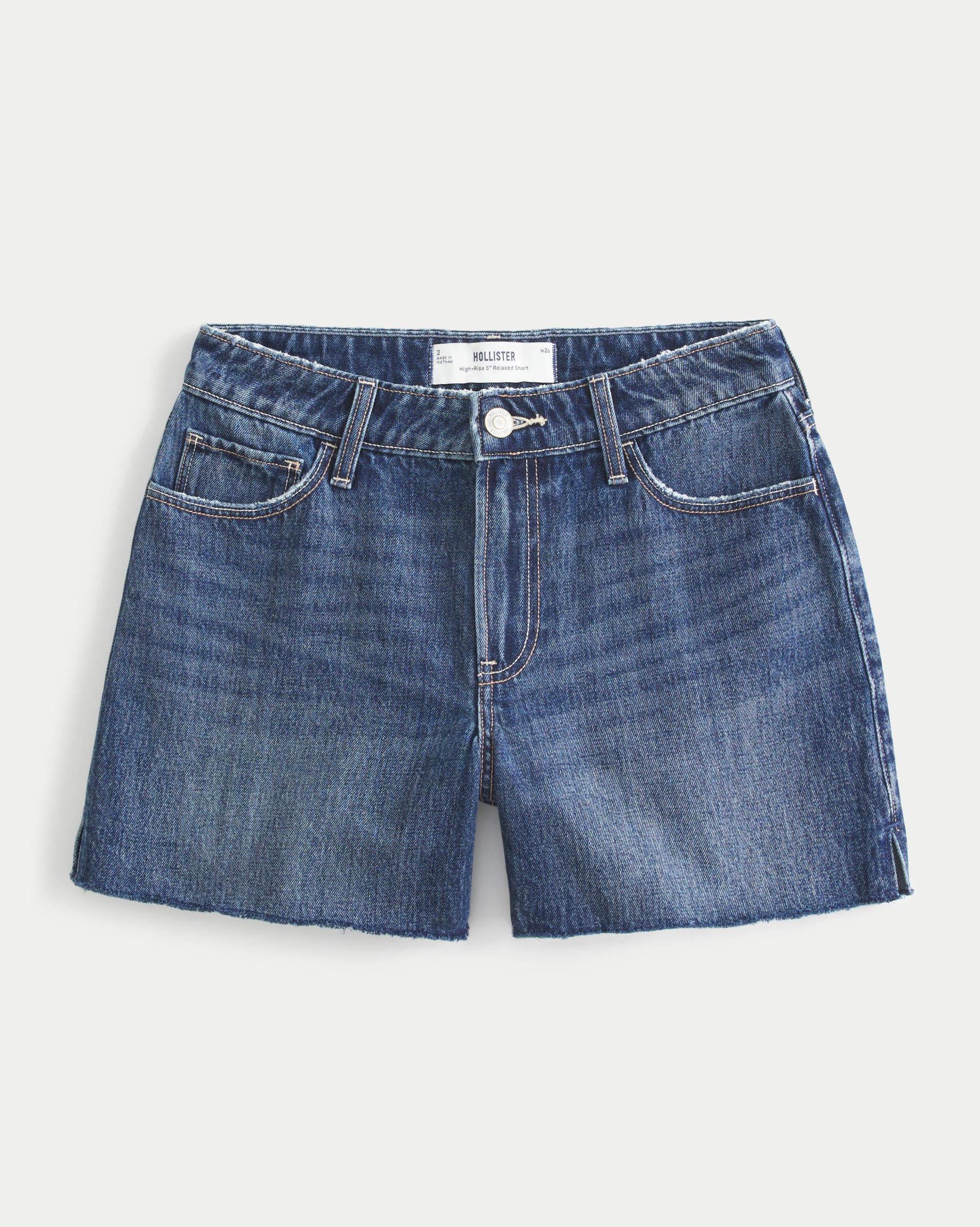 High-Rise Ripped Medium Wash Relaxed Denim Shorts 5" Product Image