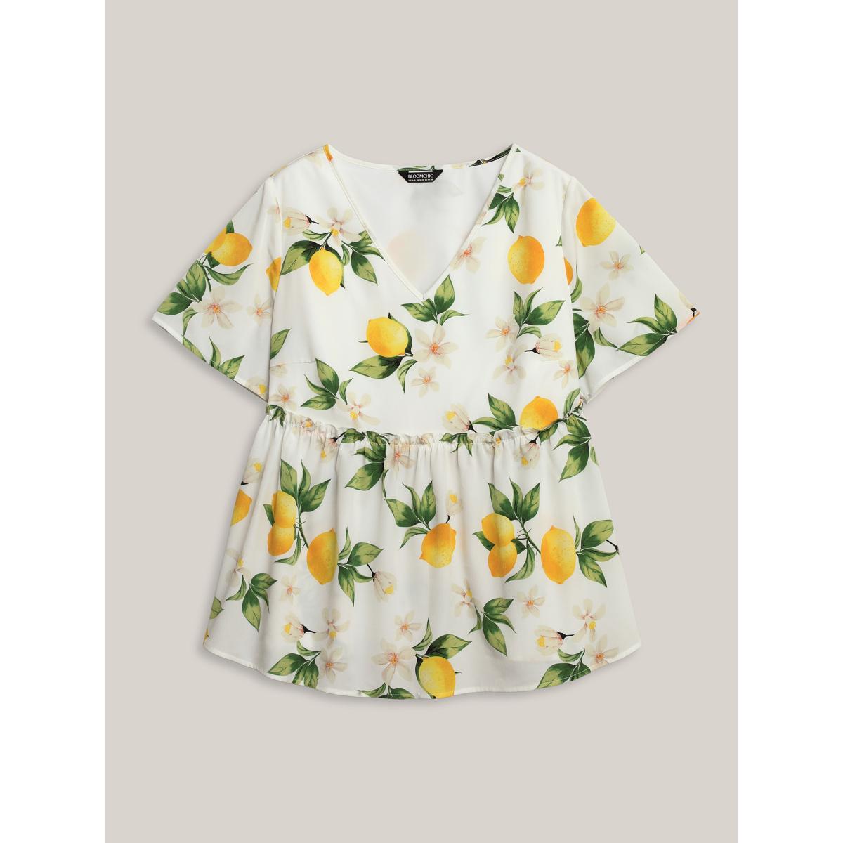 Plus Size WhiteSmoke Citrus Print Petal Trim Blouse Women Short sleeve V-neck Everyday-Casual Blouses BloomChic 12/L Product Image