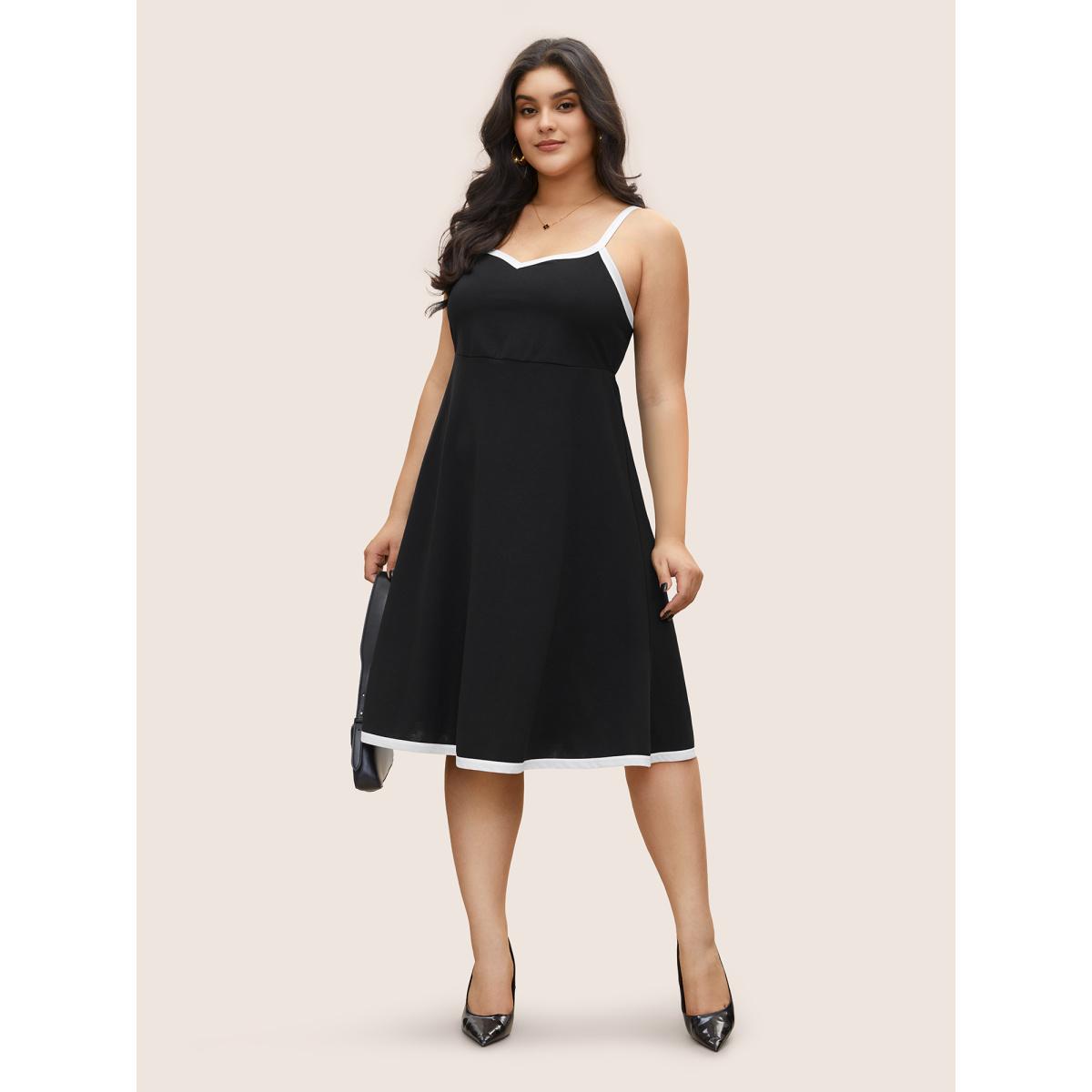 Plus Size Contrast Trim Adjustable Straps Dress Black Women At the Office Contrast V-neck Sleeveless Curvy Knee Dress BloomChic 28/5X Product Image