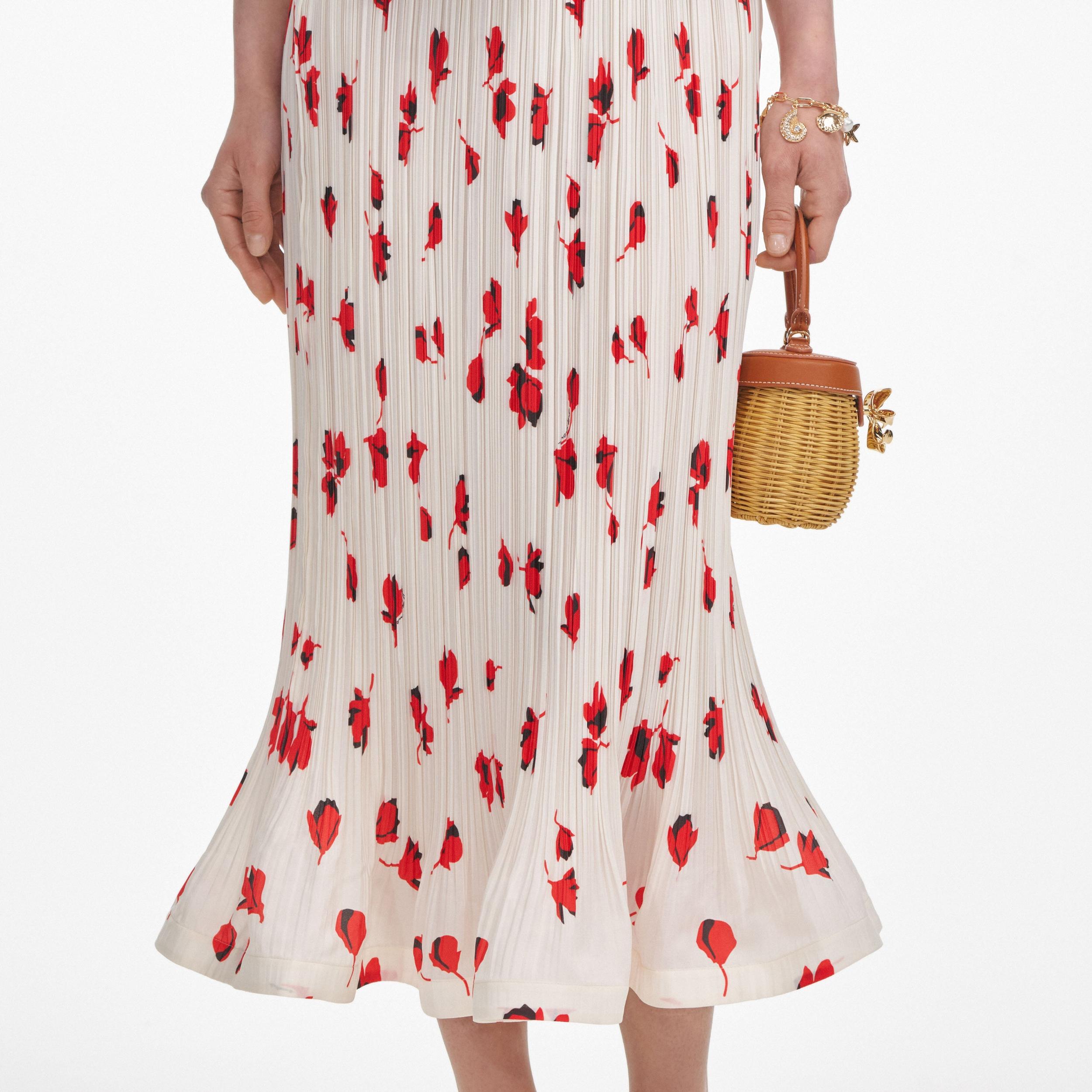 White Floral Plisse  Midi Skirt Product Image