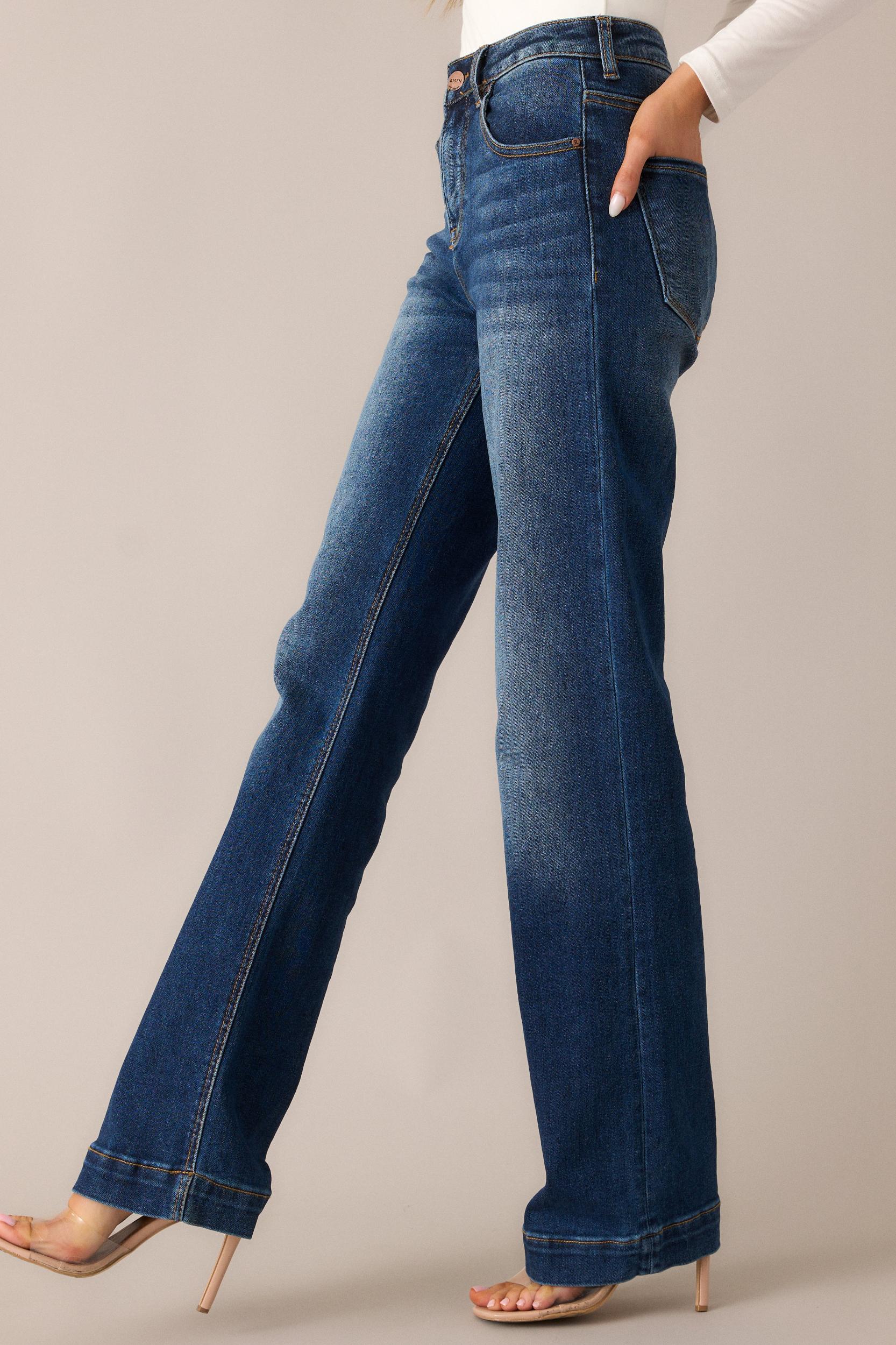 New Moon Rising Dark Wash Mid Rise Straight Leg Jeans Product Image